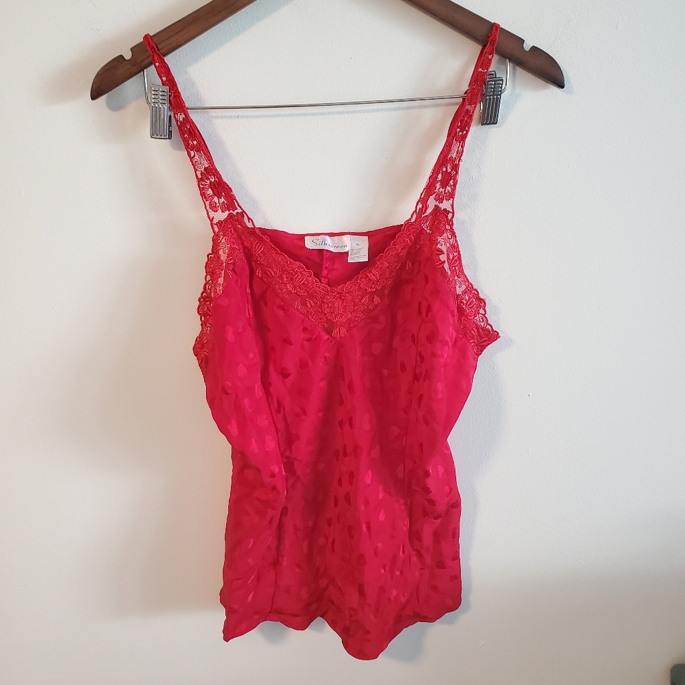 100% Silk red heart print floral lace blouse Silkscreen 1X romantic flirty